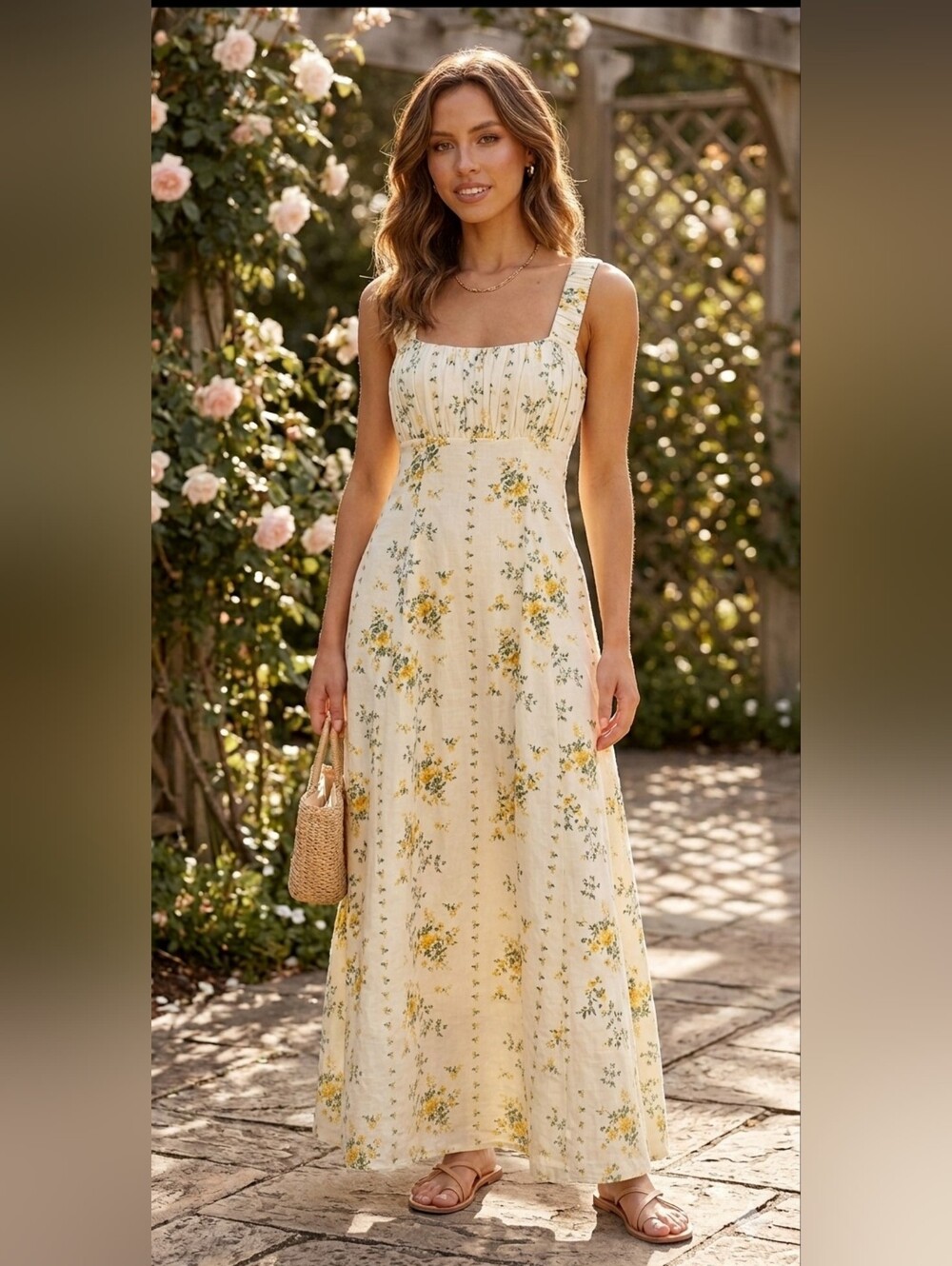 Caroline Constas Yellow Butter Floral Maxi Dress Lighweight 100% Cotton Size L